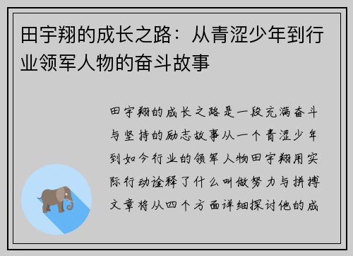 田宇翔的成长之路：从青涩少年到行业领军人物的奋斗故事
